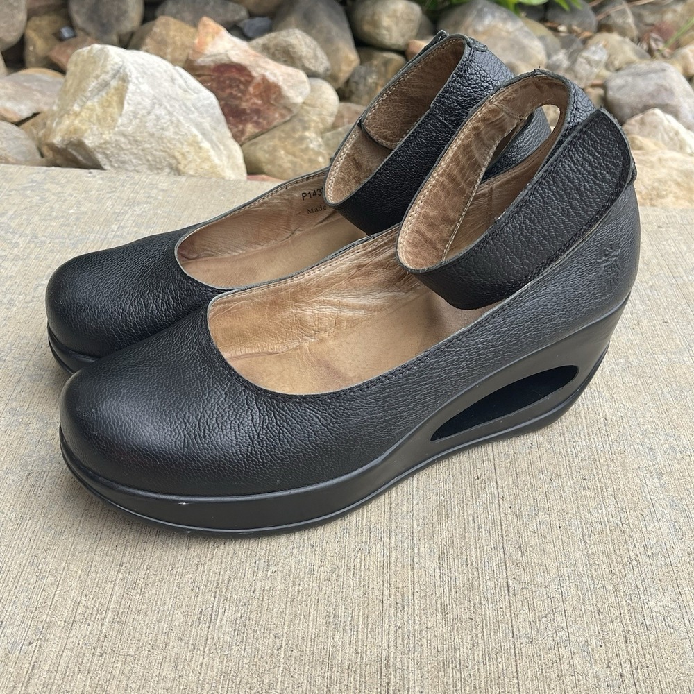 Fly London Women's Black Leather Wedge Shoes Ankle Strap Heli797Fly Size 39